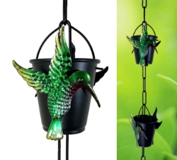 Picture of U-nitt Rain Chain: Bucket Cup with Green Hummingbird 8 - 1/2 ft #8146BD-GN